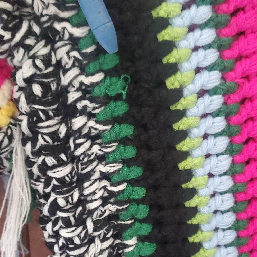 AKIRA Crocheted Multi-Stripe Scoop Neck Sweater in Pink, Yellow & Green - Picture 9 of 10